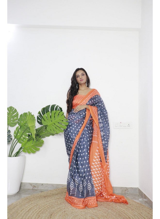 RADHA LAKSHMI ساري نسائي من RADHA LAKSHMI قطن ناعم نقي بطباعة إيكات يدوية مع قطعة بلوزة، رمادي دهمكيتو - Image 2