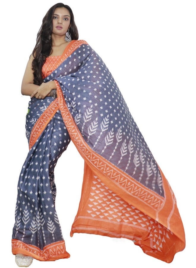 RADHA LAKSHMI ساري نسائي من RADHA LAKSHMI قطن ناعم نقي بطباعة إيكات يدوية مع قطعة بلوزة، رمادي دهمكيتو - Image 1