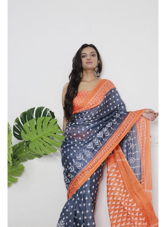 RADHA LAKSHMI ساري نسائي من RADHA LAKSHMI قطن ناعم نقي بطباعة إيكات يدوية مع قطعة بلوزة، رمادي دهمكيتو - Image 5