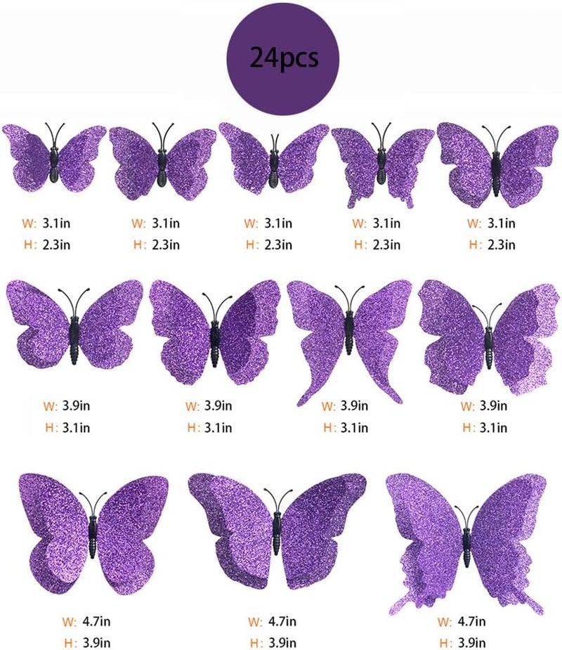 DaGou 3D Butterfly Wall Decor  24 Pcs 3 Sizes Gold Butterfly Decorations for Home  Party Removable Stickers Purple - Image 5