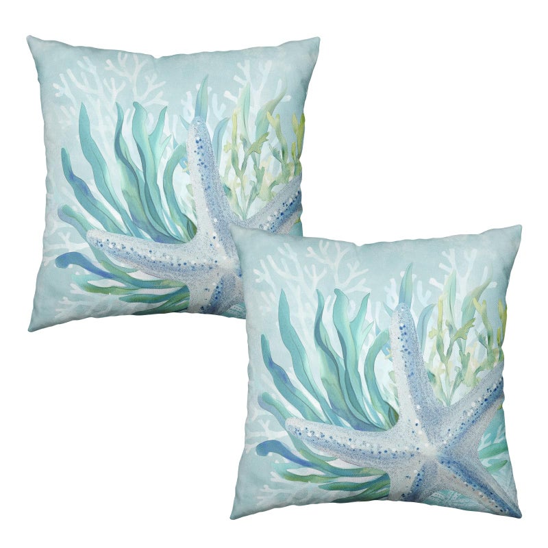 Wnoesat Coastal Nautical Starfish Pillow Covers 18x18 Set of 2 Ocean Coral Seagrass Summer Decorative Throw Pillow Cases Aqua Turquoise Beach Themed Outdoor Cushion Covers for Home Couch Sofa