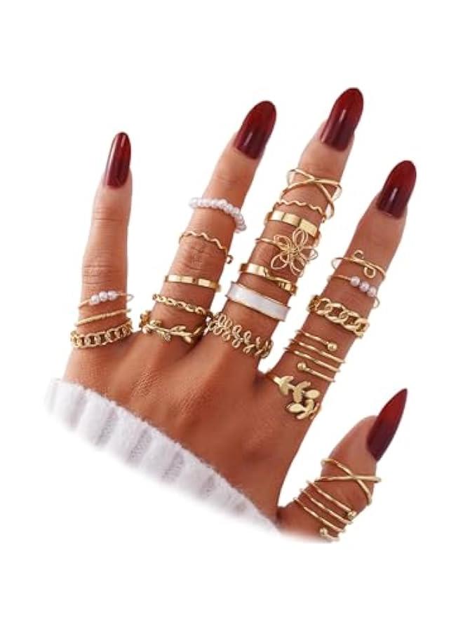 عربست اي اف كيه ام مجموعة خواتم مفصلية ذهبية مكونة من 51 قطعة للنساء والفتيات بتصميم فينتاج قابل للتكديس ومزينة بالزركونيا المكعب والكريستال بتصميم بسيط ملتف ومجوف، هدية مجوهرات - Image 1