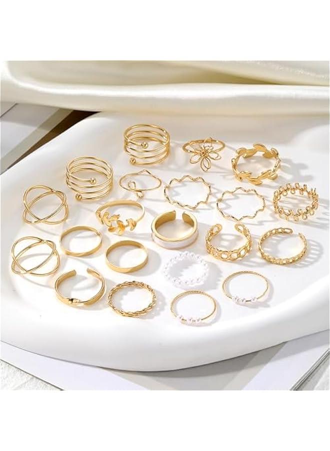 عربست اي اف كيه ام مجموعة خواتم مفصلية ذهبية مكونة من 51 قطعة للنساء والفتيات بتصميم فينتاج قابل للتكديس ومزينة بالزركونيا المكعب والكريستال بتصميم بسيط ملتف ومجوف، هدية مجوهرات - Image 3