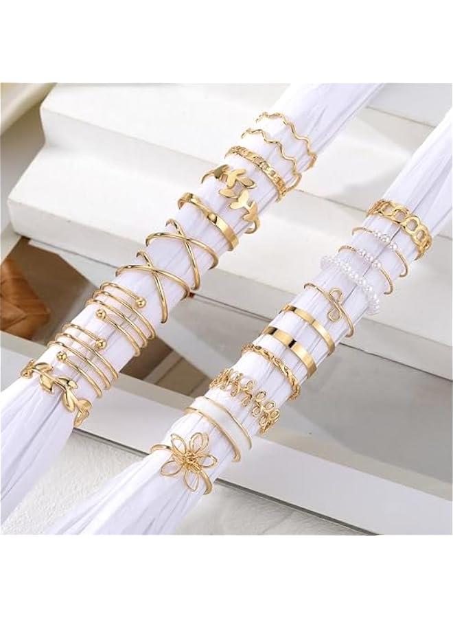 عربست اي اف كيه ام مجموعة خواتم مفصلية ذهبية مكونة من 51 قطعة للنساء والفتيات بتصميم فينتاج قابل للتكديس ومزينة بالزركونيا المكعب والكريستال بتصميم بسيط ملتف ومجوف، هدية مجوهرات - Image 4