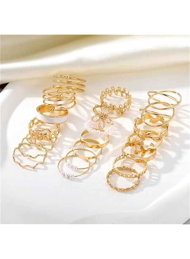 عربست اي اف كيه ام مجموعة خواتم مفصلية ذهبية مكونة من 51 قطعة للنساء والفتيات بتصميم فينتاج قابل للتكديس ومزينة بالزركونيا المكعب والكريستال بتصميم بسيط ملتف ومجوف، هدية مجوهرات - Image 5