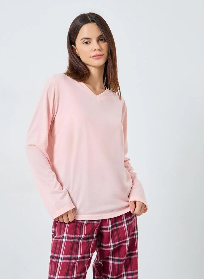 Styli Styli Solid Long Sleeves T-Shirt and Checked Pyjama Set