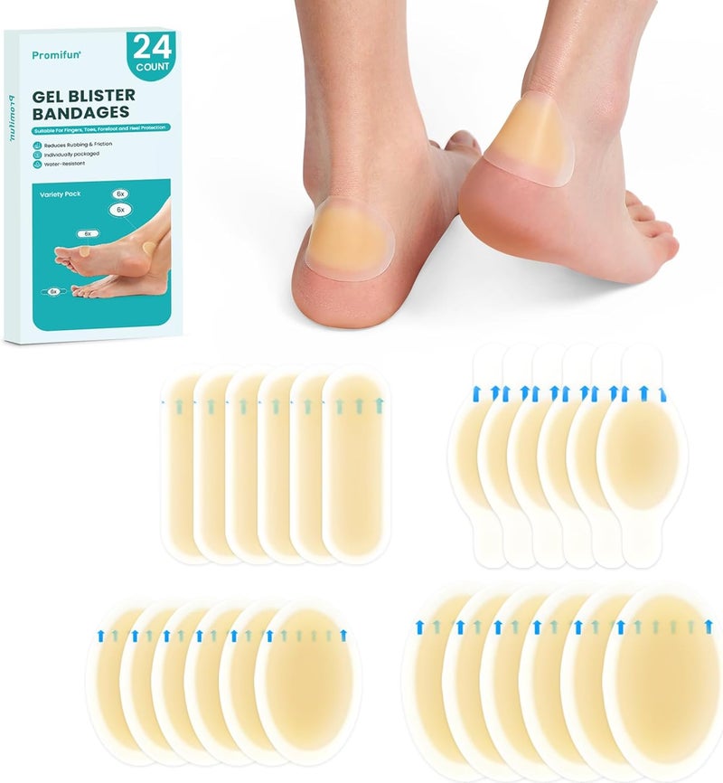 Promifun Hydrocolloid Gel Blister Bandages Pads  Promifun Waterproof Adhesive Blisters Bandages  Blister Pads for Heel Foot Toe Feet  Gel Blister Chshions for Prevention  Recovery 24ct Variety Pack - Image 1
