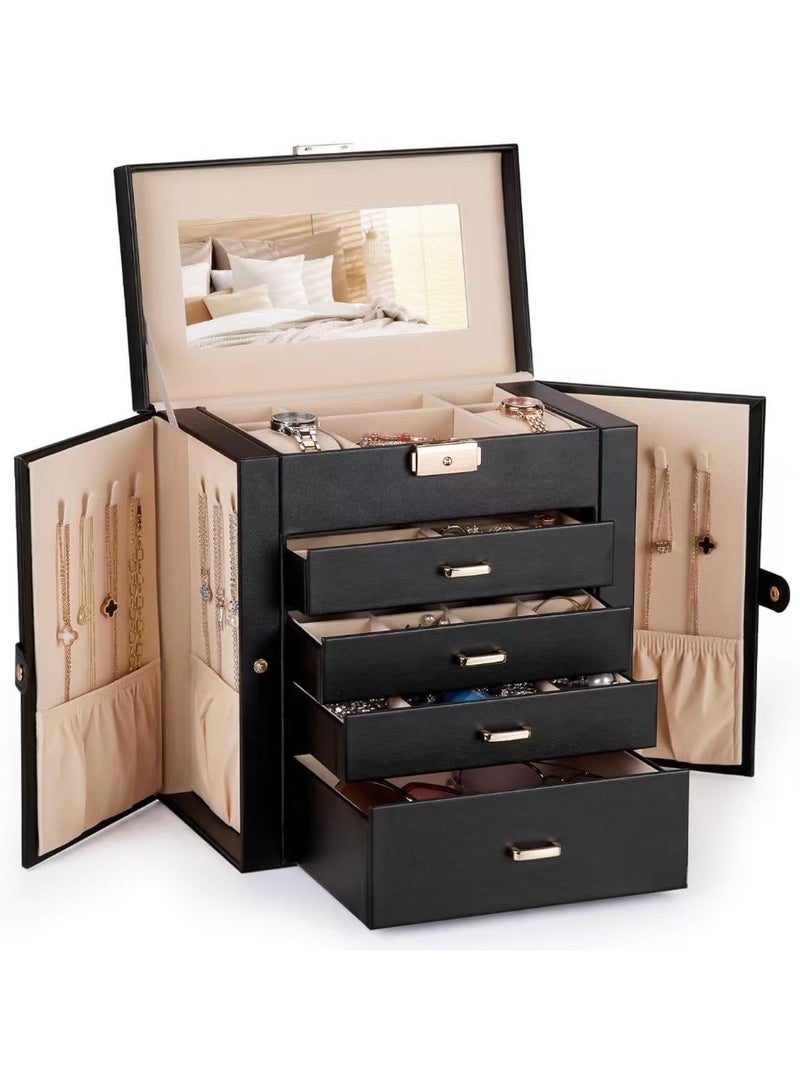 JOSQUEWNN Huge Jewelry Box with Synthetic Leather Mirrored Watch Organizer Necklace Ring Earring Storage Lockable Gift Case (Black + Gold) - Image 1