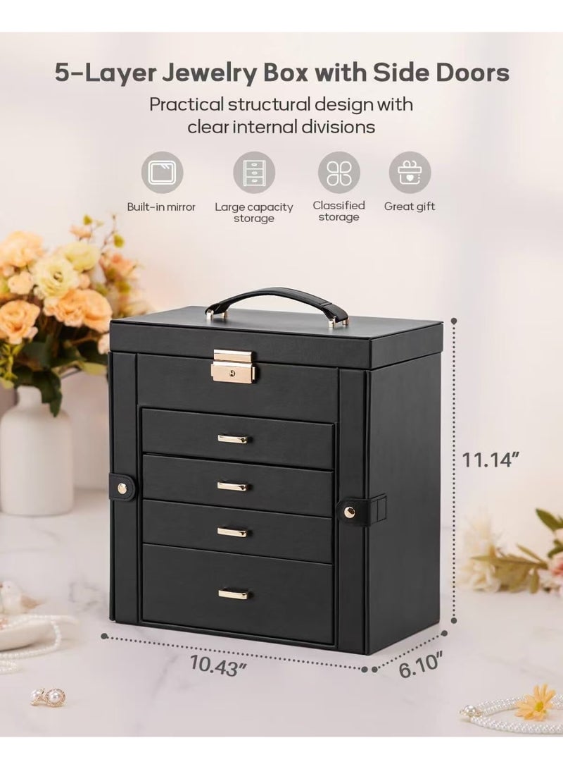 JOSQUEWNN Huge Jewelry Box with Synthetic Leather Mirrored Watch Organizer Necklace Ring Earring Storage Lockable Gift Case (Black + Gold) - Image 2