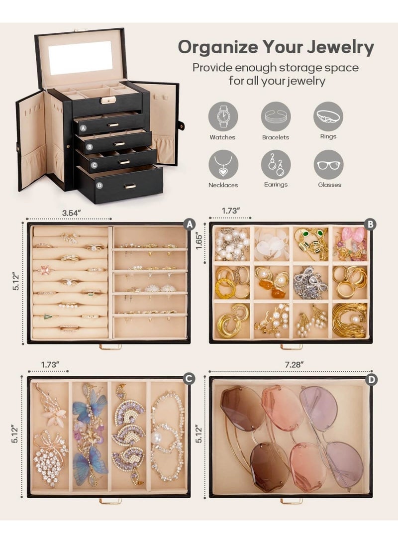 JOSQUEWNN Huge Jewelry Box with Synthetic Leather Mirrored Watch Organizer Necklace Ring Earring Storage Lockable Gift Case (Black + Gold) - Image 3