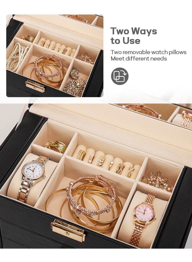 JOSQUEWNN Huge Jewelry Box with Synthetic Leather Mirrored Watch Organizer Necklace Ring Earring Storage Lockable Gift Case (Black + Gold) - Image 4