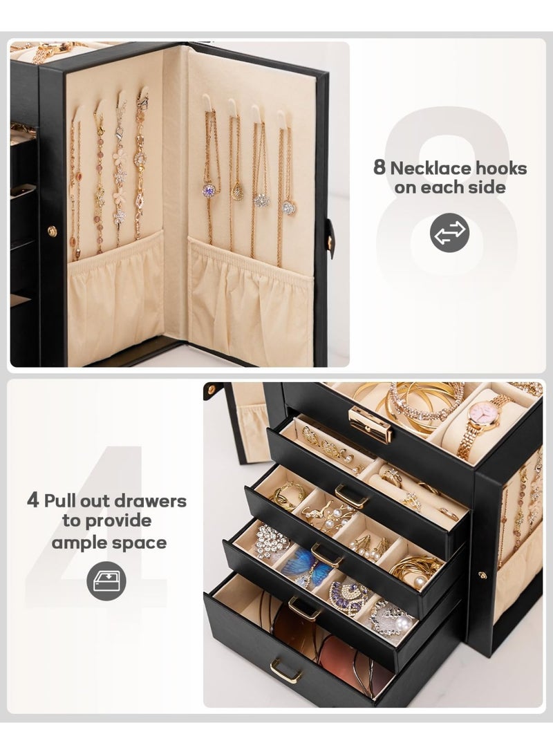 JOSQUEWNN Huge Jewelry Box with Synthetic Leather Mirrored Watch Organizer Necklace Ring Earring Storage Lockable Gift Case (Black + Gold) - Image 5