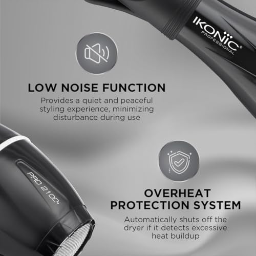 IKONIC Pro 2100+ Hair Dryer 2000 Watts, Black, 3 Heat And 2 Speed Settings, Cool Shot, Low Noise Function Interchangeable Nozzles, Professional Styling, For Women And Men, All Hair Type - Image 2