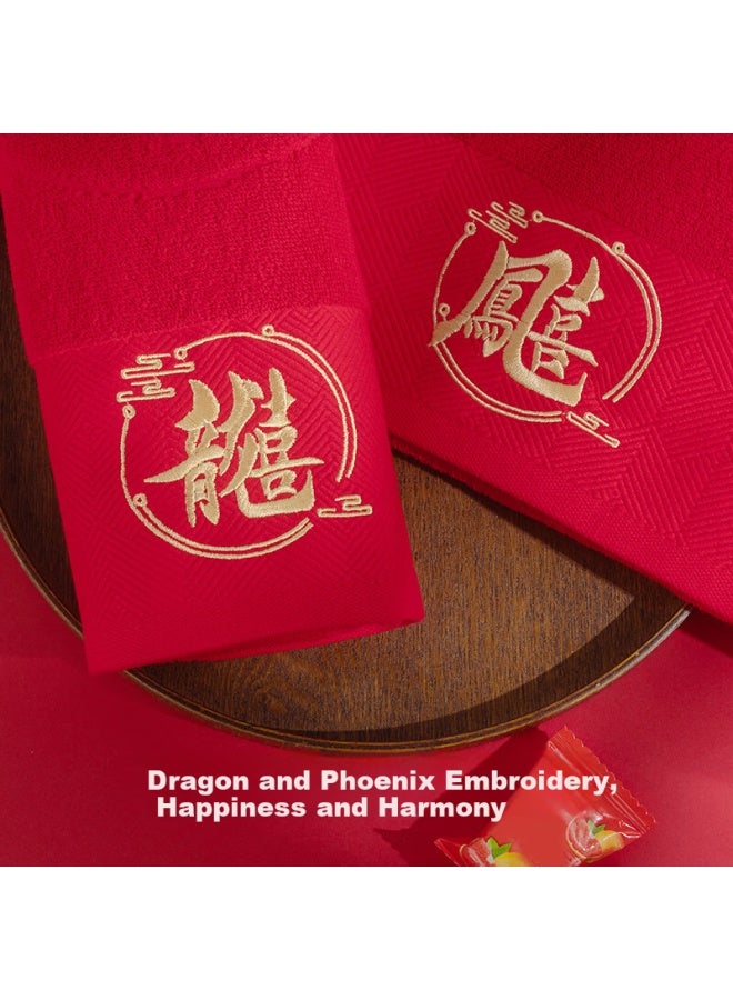 Grace Festive Dragon And Phoenix Towels, Class A Large Red Wedding Engagement Pure Cotton Towels, Dragon + Phoenix, Pack Of 2 - Image 1