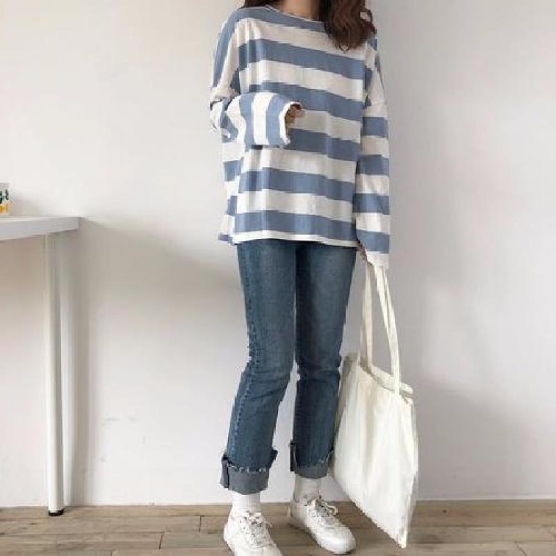 Spring coat long sleeve T-shirt female Korean striped loose ins tide student women's spring and autumn bottoming shirt a generation of hair - Image 1