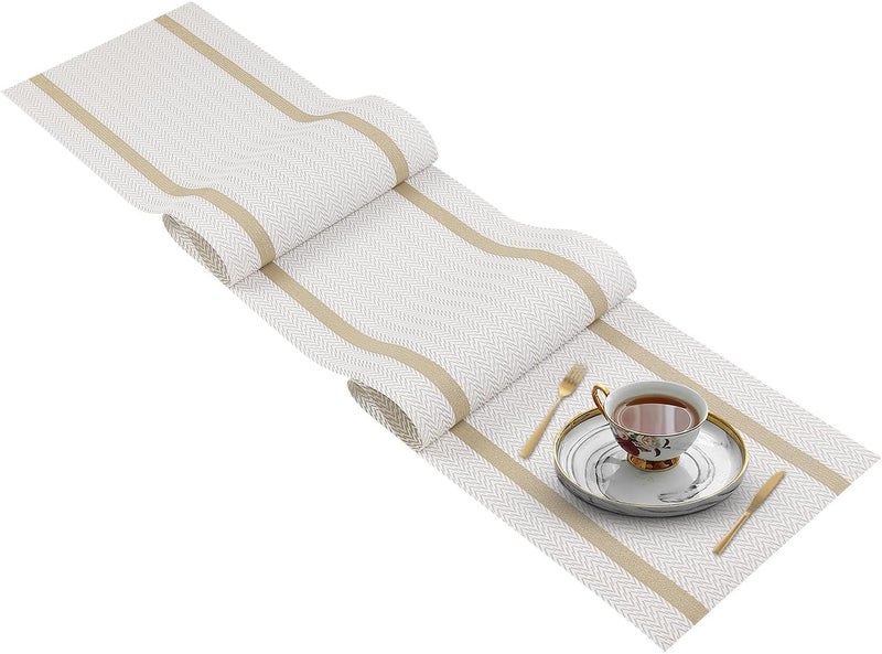 FAVE Woven Vinyl Table Runner White Table Runner Woven with Golden Threads 72x12 Inches Heat Resistant Wipeable Dining Table Mats for Wedding BanquetParty RestaurantWhite72x12