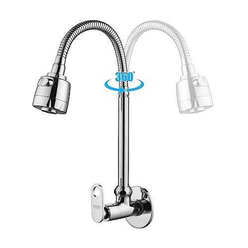 SPAZIO Max Brass Sink Cock Tap/Sink Faucet with 360 Degree Flexible Stainless Steel Swivel Spout & Dual Flow Pattern, Hot OR Cold Water for Kitchen Sink, Wash Basin, Chrome Finish with Wall Flange - Image 2