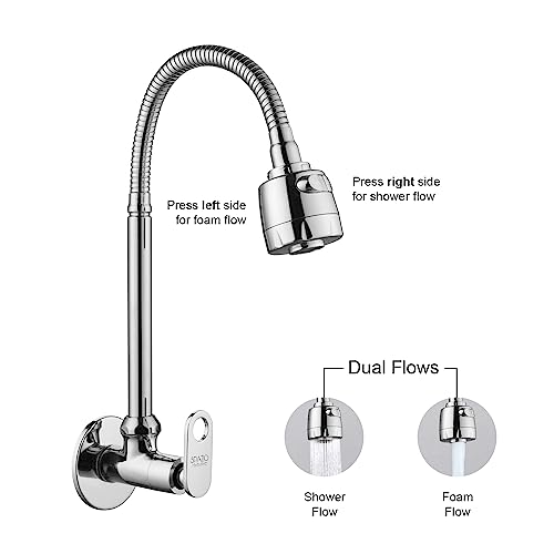 SPAZIO Max Brass Sink Cock Tap/Sink Faucet with 360 Degree Flexible Stainless Steel Swivel Spout & Dual Flow Pattern, Hot OR Cold Water for Kitchen Sink, Wash Basin, Chrome Finish with Wall Flange - Image 4