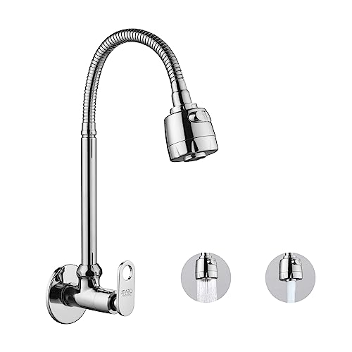 SPAZIO Max Brass Sink Cock Tap/Sink Faucet with 360 Degree Flexible Stainless Steel Swivel Spout & Dual Flow Pattern, Hot OR Cold Water for Kitchen Sink, Wash Basin, Chrome Finish with Wall Flange - Image 1