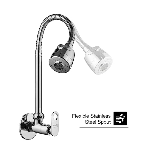 SPAZIO Max Brass Sink Cock Tap/Sink Faucet with 360 Degree Flexible Stainless Steel Swivel Spout & Dual Flow Pattern, Hot OR Cold Water for Kitchen Sink, Wash Basin, Chrome Finish with Wall Flange - Image 3
