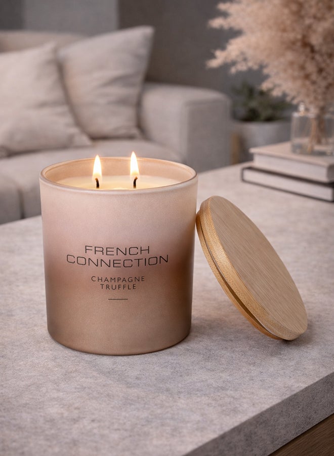 French Connection شمعة جرة معطرة بنكهة الشامبانيا - 322غ، 2 فتيلة مع غطاء خشبي | مدة الاحتراق - 42 ساعة | مجموعة أومبري | مثالية للهدايا، ديكور المنزل، الحفلات وعطر الغرف | مثالية لديكور غرفة المعيشة والمكتب - Image 1