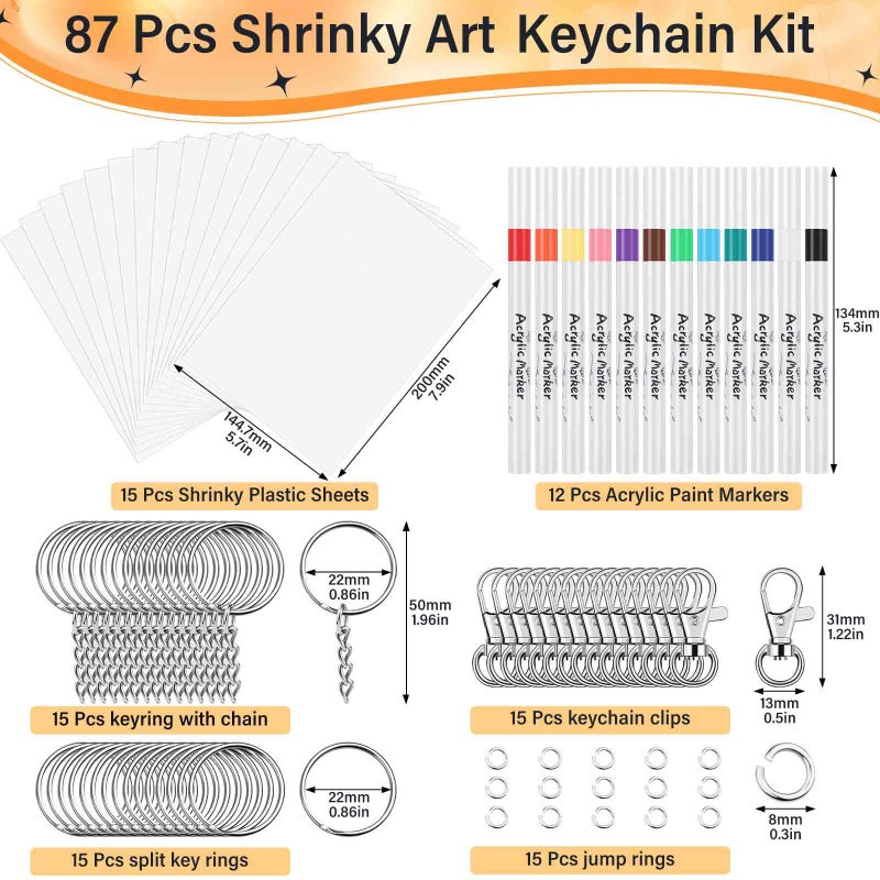 Flasoo 87 PCS Shrinky Plastic Sheets Kit, Including 15 Sheets Shrinky Art Paper, Acrylic Paint Markers, Keychains for Creative Crafts and Keychain Making - Image 2