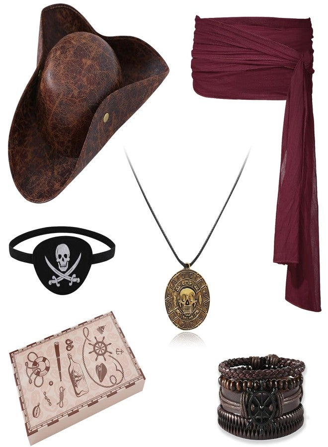 WooHand Pirate Hat and Accessories Set with Eye Patch Necklace Sash Leather Bracelets for Men Women Pirate Costume Halloween Cosplay Renaissance Outfit - Image 1