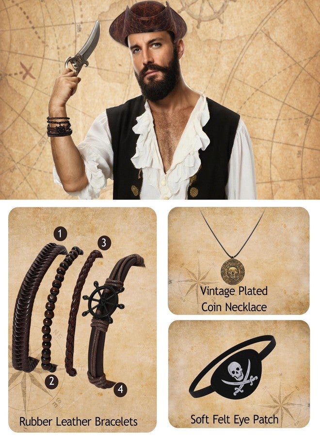 WooHand Pirate Hat and Accessories Set with Eye Patch Necklace Sash Leather Bracelets for Men Women Pirate Costume Halloween Cosplay Renaissance Outfit - Image 3