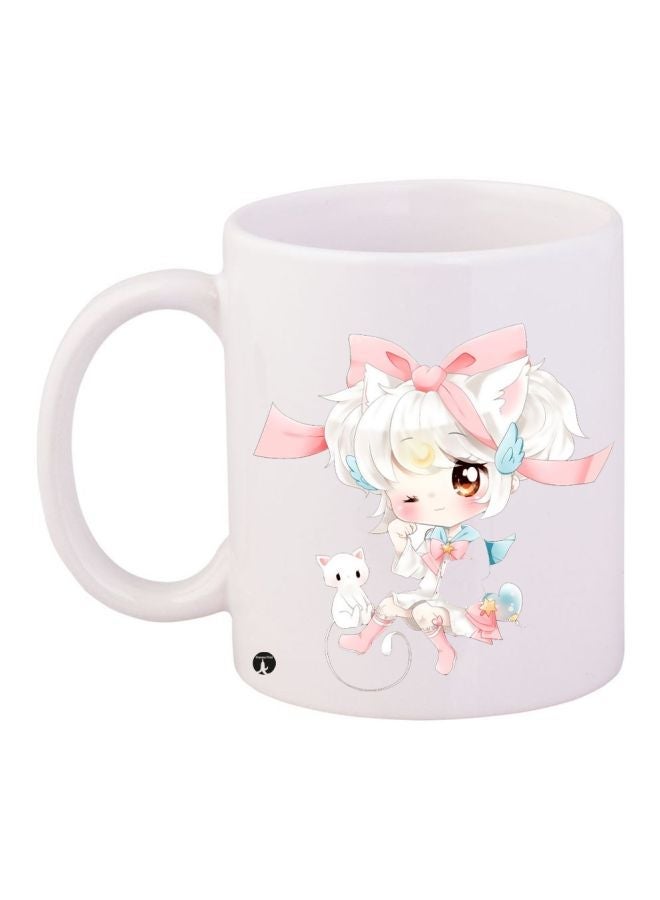 RYN Cartoon Girl Printed Coffee Mug White/Pink/Blue 11ounce
