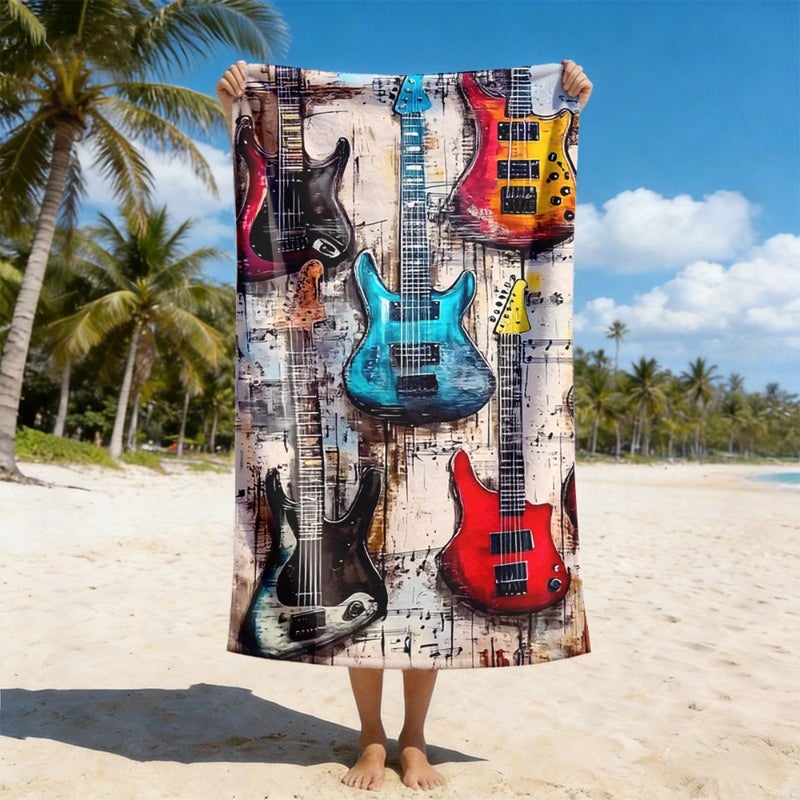 Polyester Beach Towel 35 43x70 87 Inches Vintage Guitar Print Design Soft Lightweight Highly Absorbent Quick Drying Compact Easy To Carry For Everyone - Image 4