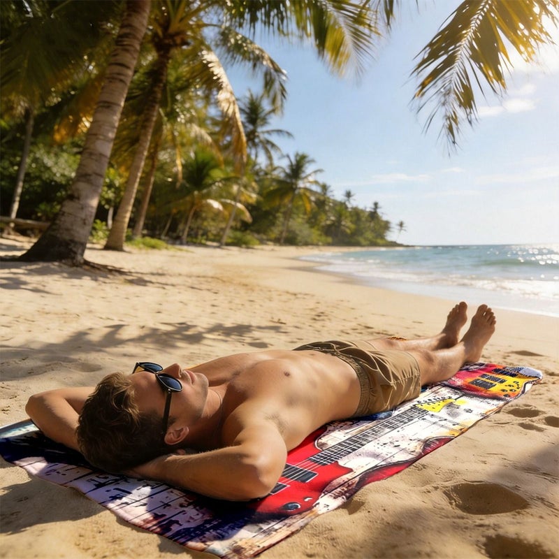 Polyester Beach Towel 35 43x70 87 Inches Vintage Guitar Print Design Soft Lightweight Highly Absorbent Quick Drying Compact Easy To Carry For Everyone - Image 5