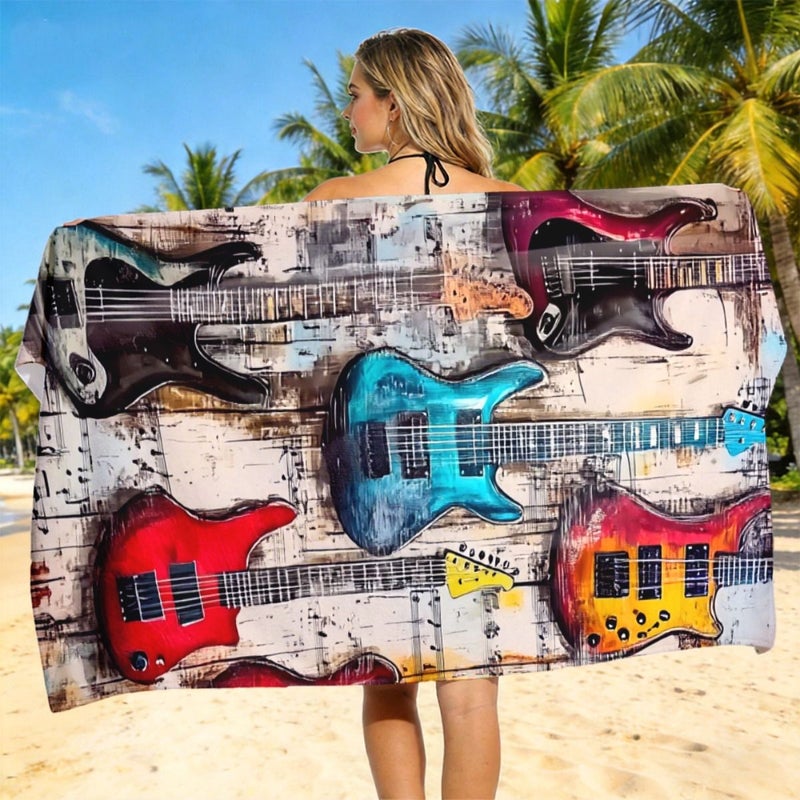 Polyester Beach Towel 35 43x70 87 Inches Vintage Guitar Print Design Soft Lightweight Highly Absorbent Quick Drying Compact Easy To Carry For Everyone - Image 1