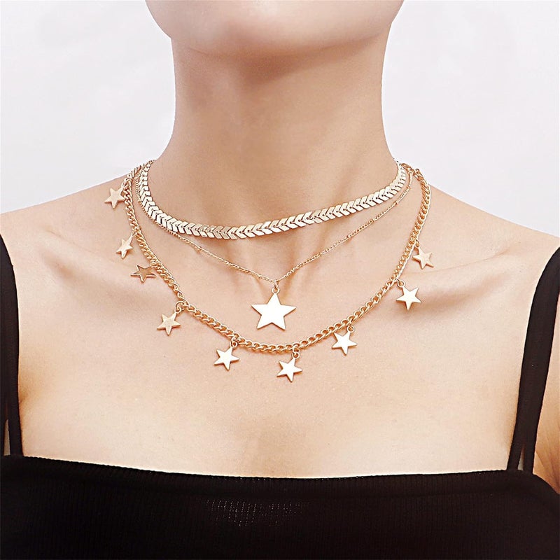 cheekyglo Cute Star Necklace Multilayer Geometric Pentagram Tassel Pendant Necklace Women's Airplane Chain Jewelry Gift - Image 1