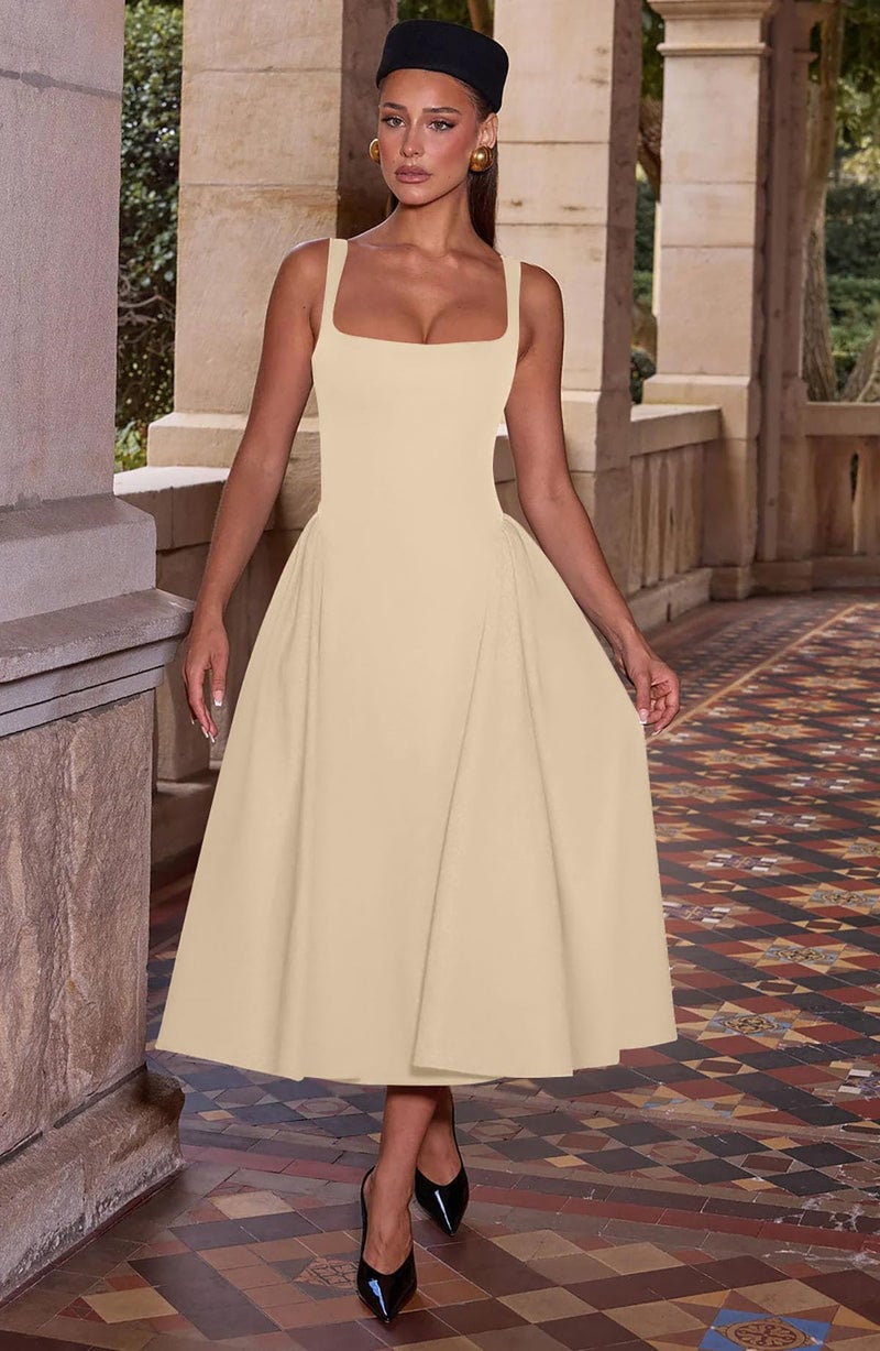 Memoriesea Women's Elegant Square Neck Swing A Line Wedding Evening Party Midi Dress Apricot - Image 5