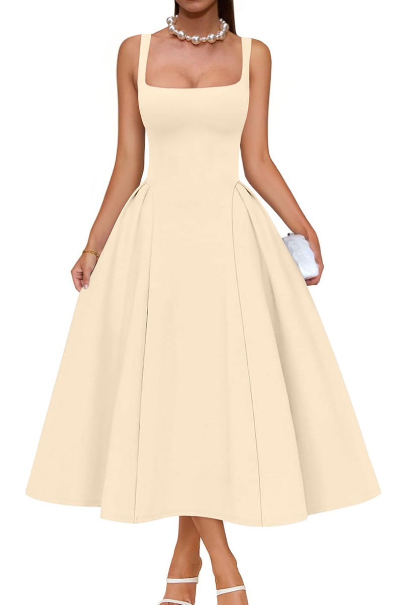 Memoriesea Women's Elegant Square Neck Swing A Line Wedding Evening Party Midi Dress Apricot - Image 1