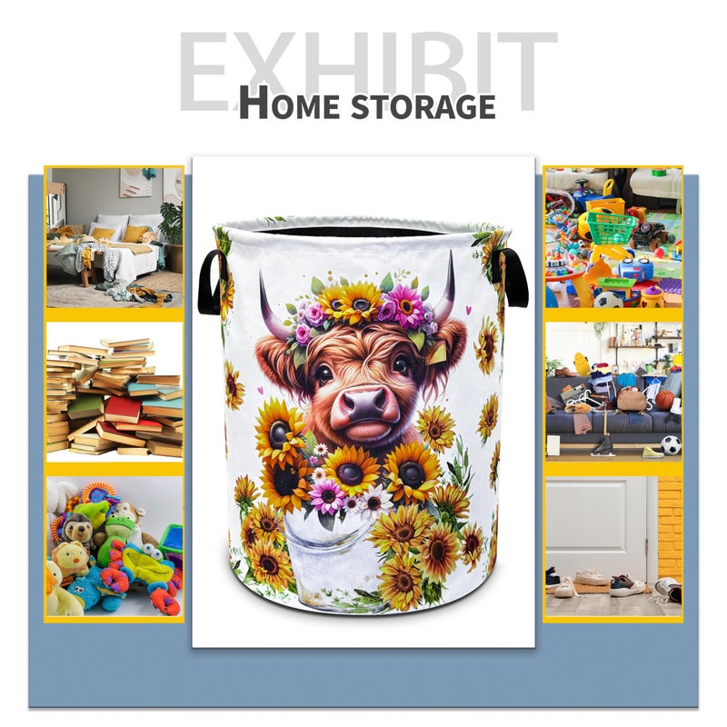 NUTAINLA Highland Cow Laundry Basket Sunflower Flower Foldable Oxford Cloth Funny Tote Bag Laundry Hamper Clothes Storage Bucket Toy Organizer For Bathroom/Laundry Storage/Bedroom 18.9x16.5 Inch  - Image 5