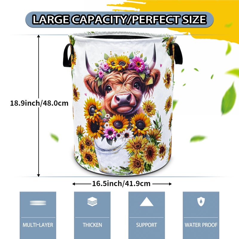 NUTAINLA Highland Cow Laundry Basket Sunflower Flower Foldable Oxford Cloth Funny Tote Bag Laundry Hamper Clothes Storage Bucket Toy Organizer For Bathroom/Laundry Storage/Bedroom 18.9x16.5 Inch  - Image 2