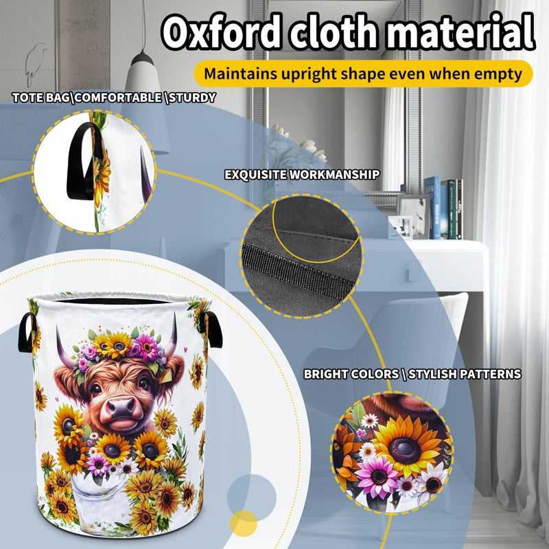 NUTAINLA Highland Cow Laundry Basket Sunflower Flower Foldable Oxford Cloth Funny Tote Bag Laundry Hamper Clothes Storage Bucket Toy Organizer For Bathroom/Laundry Storage/Bedroom 18.9x16.5 Inch  - Image 3