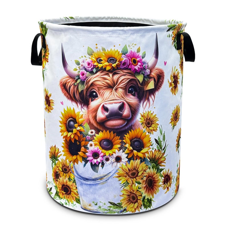 NUTAINLA Highland Cow Laundry Basket Sunflower Flower Foldable Oxford Cloth Funny Tote Bag Laundry Hamper Clothes Storage Bucket Toy Organizer For Bathroom/Laundry Storage/Bedroom 18.9x16.5 Inch  - Image 1