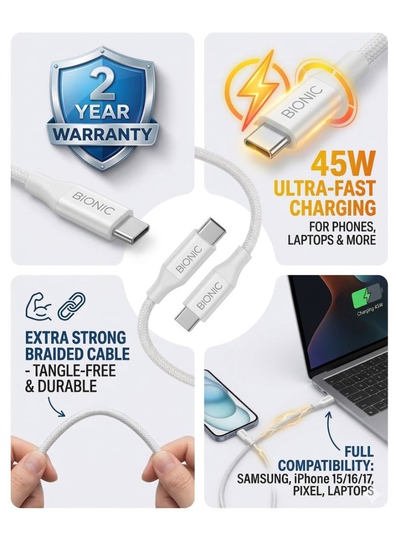 BIONIC Premium 45W USB-C to USB-C Fast Charging Braided Type-C Cable (1M) - PD High Speed Data Sync for iPhone 16 Pro Max, Samsung S25 Ultra, MacBook & iPad - Image 2