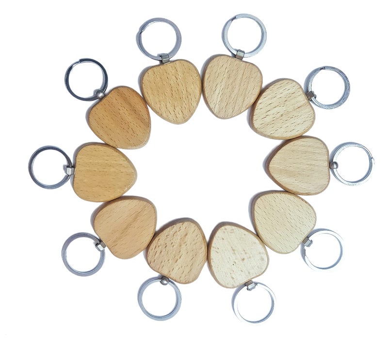 Kidultz Empty Wooden Keychain for DIY Projects - Laser Engravable, Printable & Writable - Pack of 10 - Different Shapes (Heart Shape) - Image 5