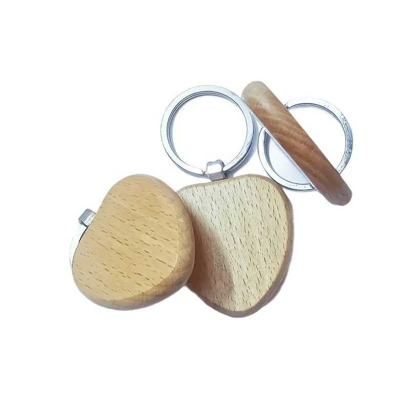 Kidultz Empty Wooden Keychain for DIY Projects - Laser Engravable, Printable & Writable - Pack of 10 - Different Shapes (Heart Shape) - Image 3