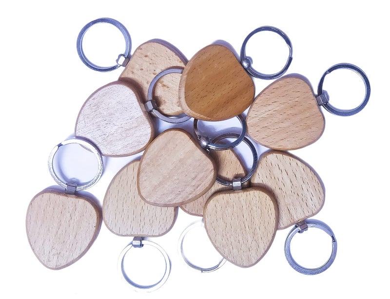 Kidultz Empty Wooden Keychain for DIY Projects - Laser Engravable, Printable & Writable - Pack of 10 - Different Shapes (Heart Shape) - Image 2