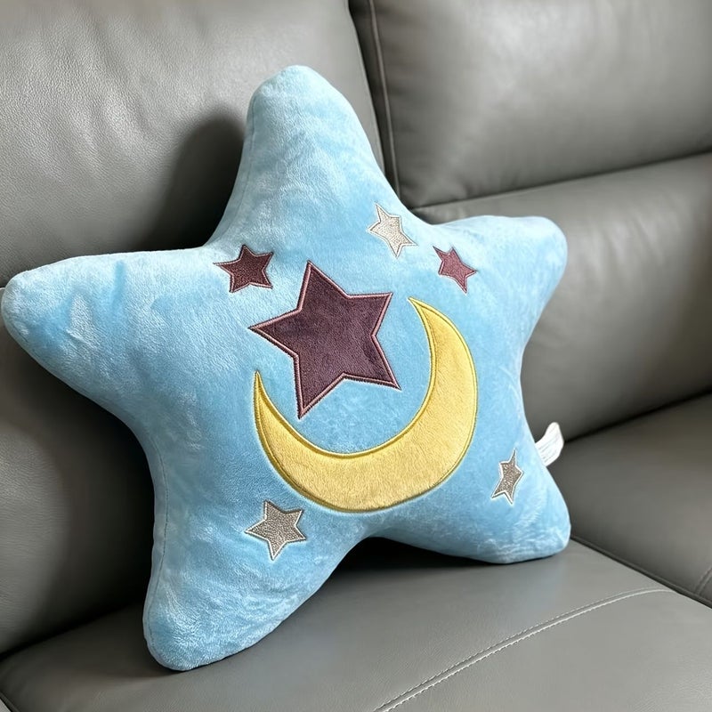 وسادة مطرزة بنجمة زرقاء وقمر، ديكور منزلي وعصري للمكتب، مطرزة يدويًا. - Image 3