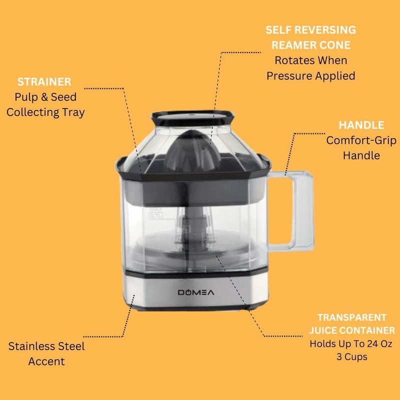 DOMEA Electric Citrus Juicer, Orange Juice Maker, Lemon Squeezer, 0.7 L Capacity, 25W Energy Efficient Powerful Motor, Includes 2 Cones, Quick & Easy Juicing - Image 3