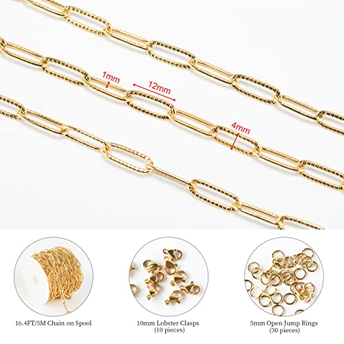 KYUNHOO 5M Gold Plated Stainless Steel Chain for Jewelry Making 4mm Wide Embossed Oval Paperclip Chain Bulk Soldered Jewelry Chain Spool with Lobster Clasps and Jump Rings for DIY Crafts - Image 2