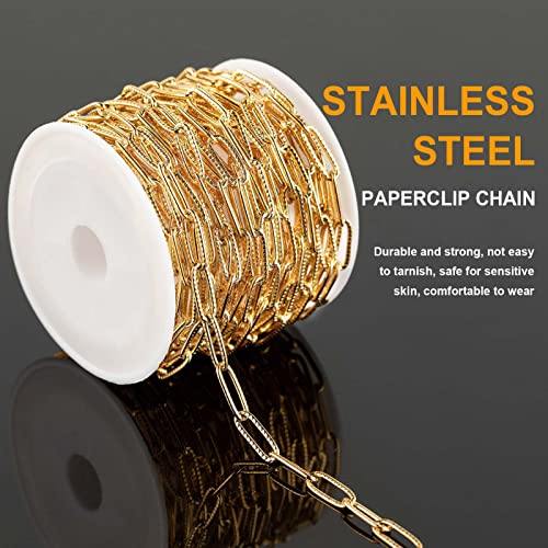 KYUNHOO 5M Gold Plated Stainless Steel Chain for Jewelry Making 4mm Wide Embossed Oval Paperclip Chain Bulk Soldered Jewelry Chain Spool with Lobster Clasps and Jump Rings for DIY Crafts - Image 3