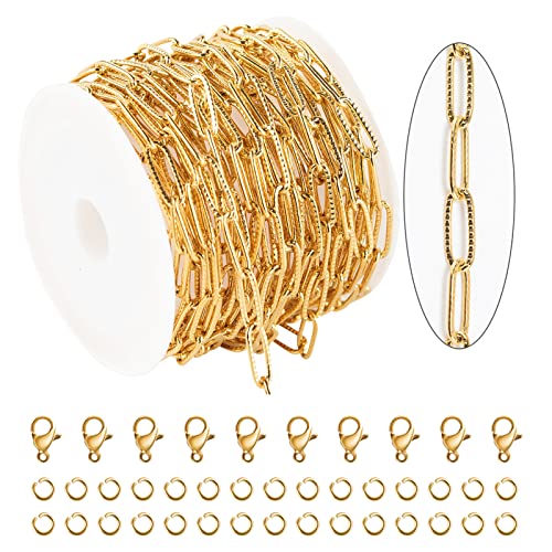 KYUNHOO 5M Gold Plated Stainless Steel Chain for Jewelry Making 4mm Wide Embossed Oval Paperclip Chain Bulk Soldered Jewelry Chain Spool with Lobster Clasps and Jump Rings for DIY Crafts - Image 1
