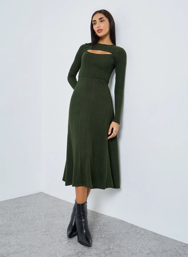 Olive Green Ribbed A-Line Midi Dress
