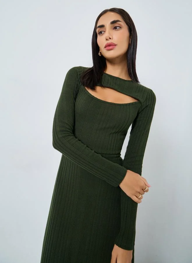 ستايلي فستان ميدي زيتوني مضلع بحافة واسعة